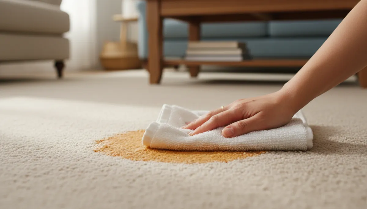 Gently blotting an orange soda spill on a light carpet