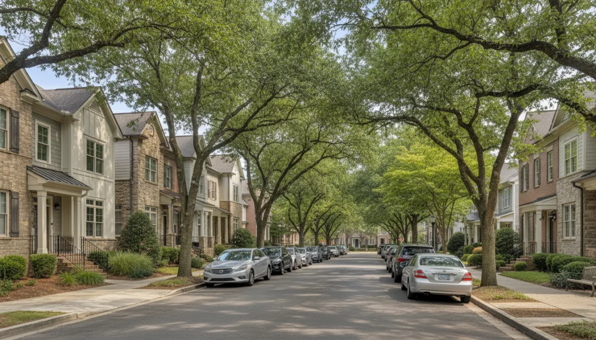 Professional view of Charlotte residential neighborhood with townhomes and houses