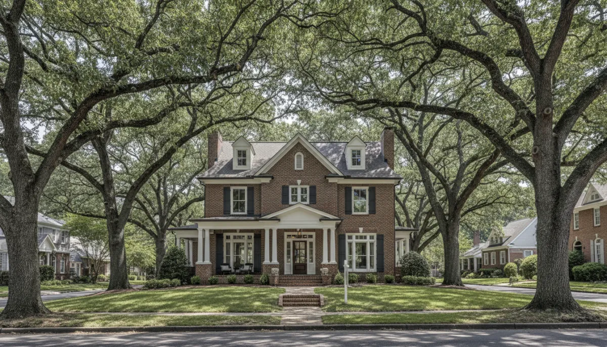 Renovated brick resale home on a tree-lined Charlotte street with for sale sign