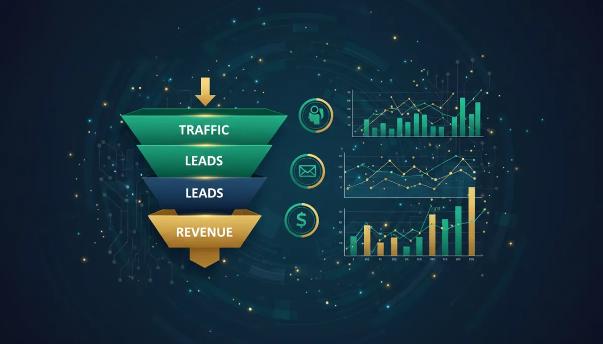 Digital illustration of AI-enhanced marketing funnel and analytics dashboard