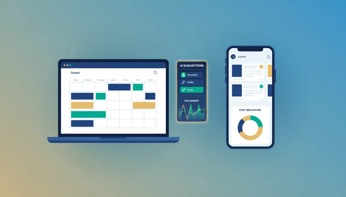 AI-assisted social media scheduling dashboard in a modern digital style