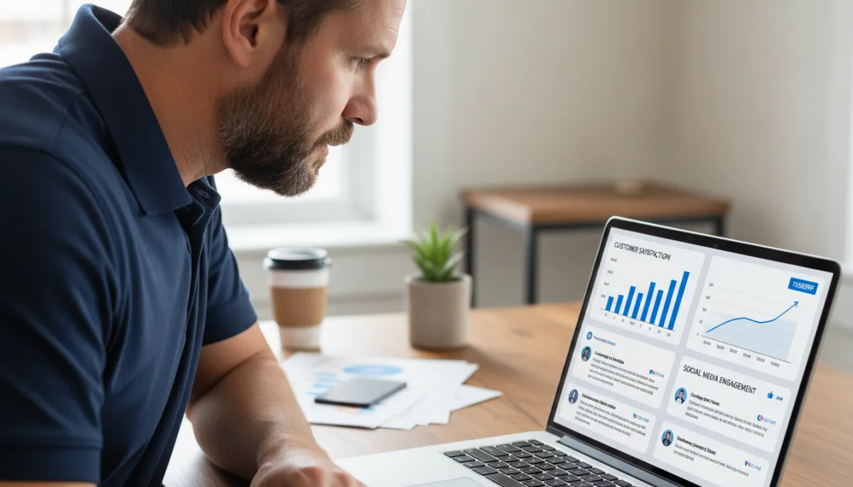 Memphis business owner reviewing AI-managed reviews and social media performance