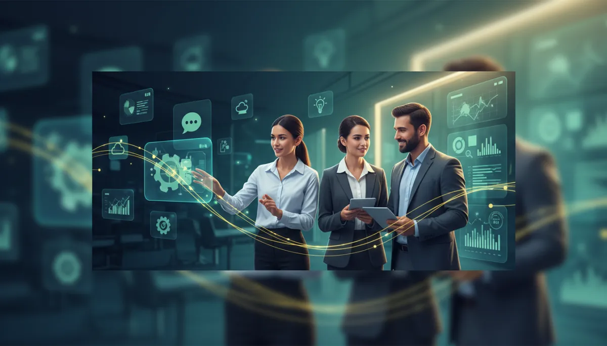 professional, modern digital illustration of a small business team in a sleek office, surrounded by floating app icons and AI workflow lines in navy blue, emerald green, and gold, with subtle dashboard graphics in the background