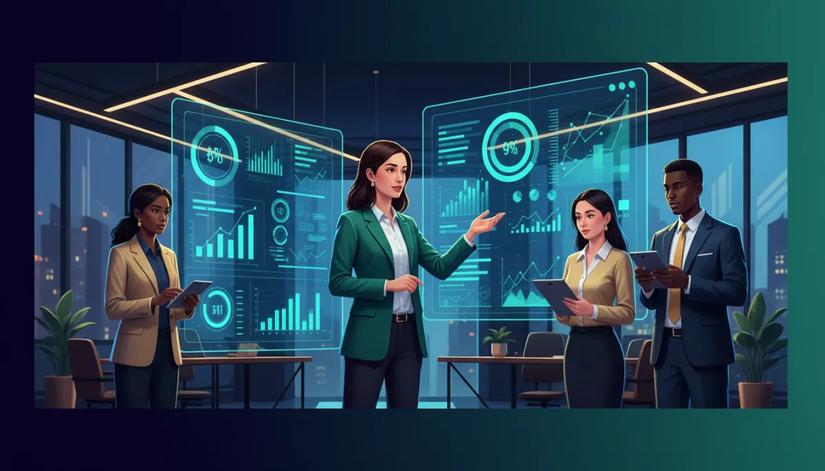 professional, modern digital illustration of a confident business owner and marketing team reviewing dashboards on large screens, with charts and KPI metrics in navy blue, emerald green, and gold accents, sleek office environment