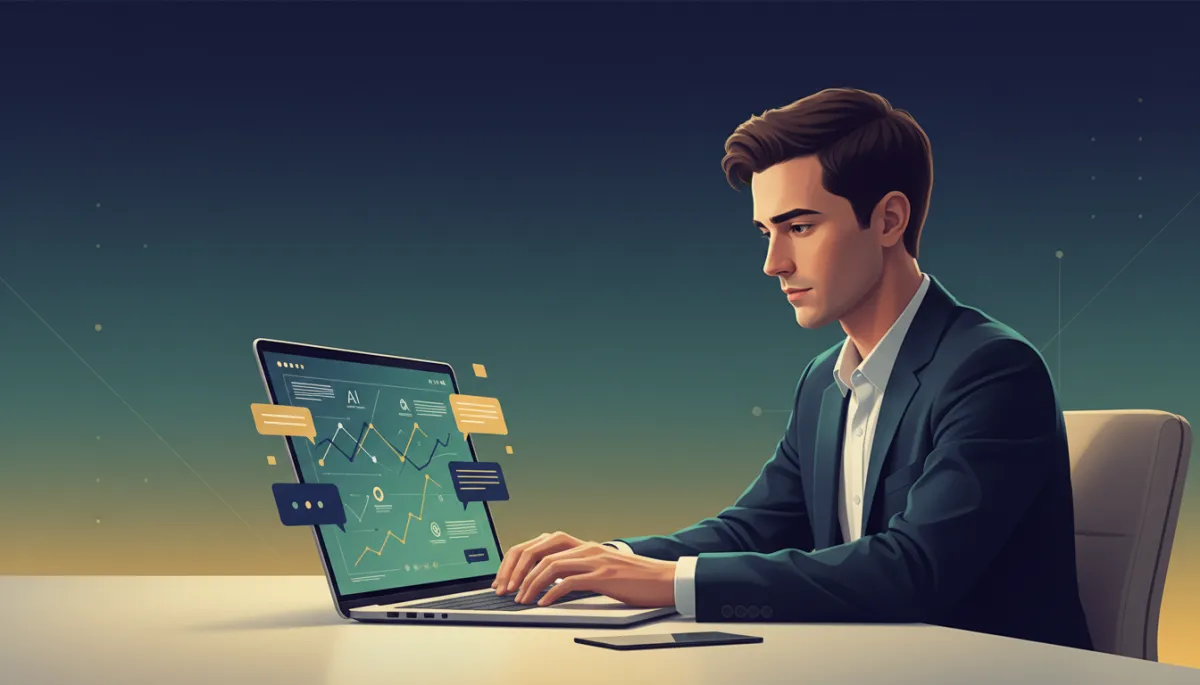 professional, modern digital illustration of a small business owner at a desk reviewing an AI dashboard on a laptop, subtle charts and chat bubbles in navy blue, emerald green, and gold, clean interface with text overlay elements