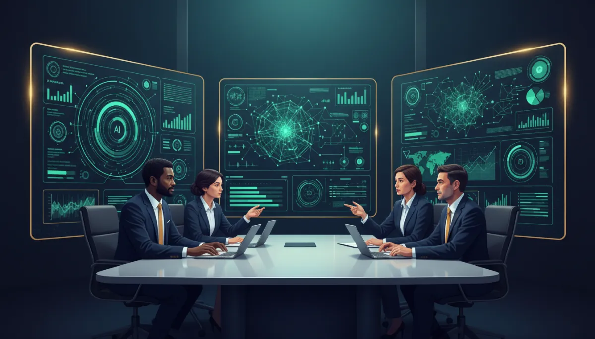 professional, modern digital illustration of a diverse leadership team in a sleek conference room reviewing AI-powered dashboards on large screens, navy blue background with emerald green data visuals and gold accent highlights