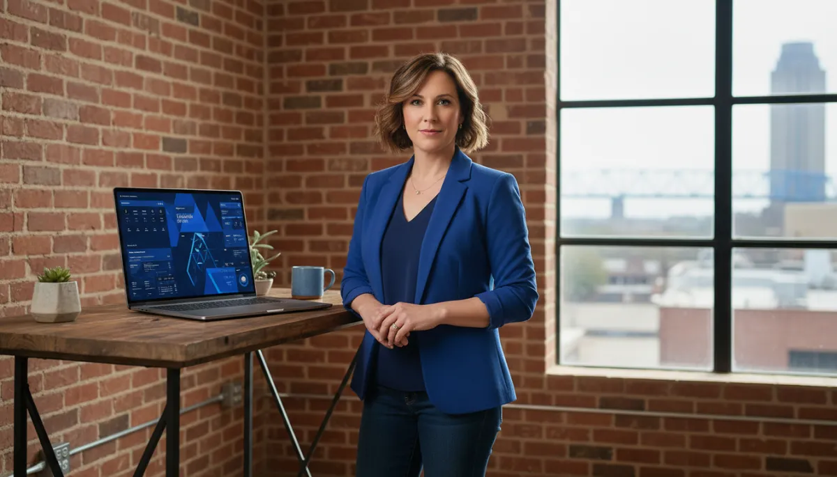 photorealistic scene of a Memphis small business owner in a modern office with exposed brick, looking confidently at a laptop showing automated dashboards in Navy #0B1F3A and Royal Blue #1E5EFF, soft natural light from window, subtle view of Memphis skyline outside
