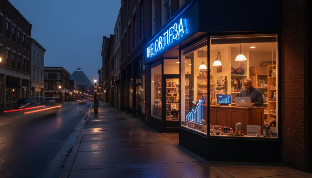 photorealistic evening street scene in Memphis with a small storefront glowing in Navy #0B1F3A and Royal Blue #1E5EFF signage, owner checking AI marketing dashboard on a laptop at the counter, subtle graphs showing leads and reviews rising, warm interior lighting, realistic city details