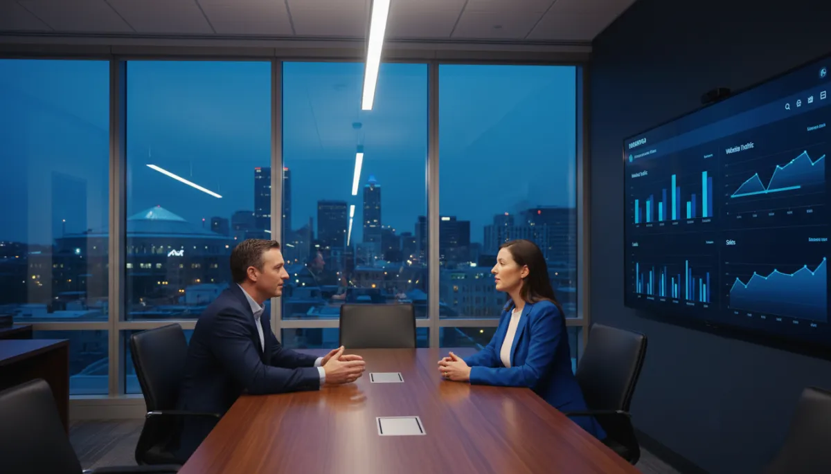 photorealistic wide shot of a Memphis small business owner meeting with a digital marketing strategist in a modern office; large wall screen shows a sleek dashboard with website traffic, leads, and sales charts in Navy #0B1F3A and Royal Blue #1E5EFF; evening city lights of downtown Memphis visible through the window