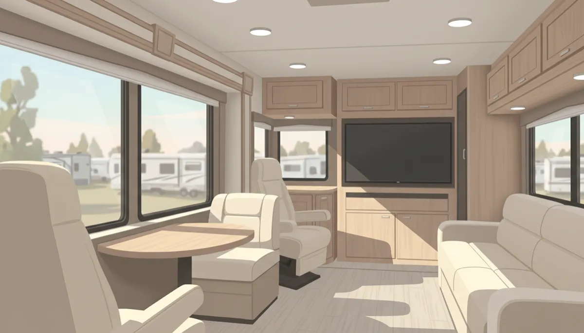Interior living area of a 2013 Itasca Ellipse 42QD with upscale finishes Interior living area of a 2013 Itasca Ellipse 42QD with upscale finishes