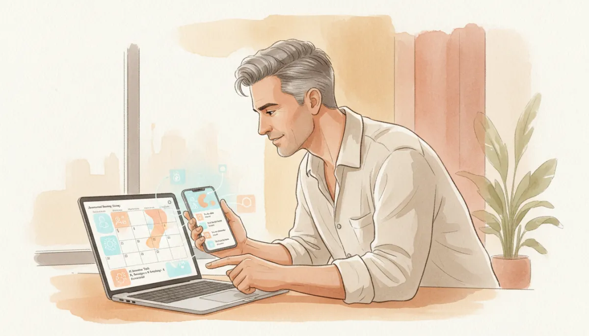 Coach reviewing an AI-synced calendar with automated bookings and reminders Coach reviewing an AI-synced calendar with automated bookings and reminders