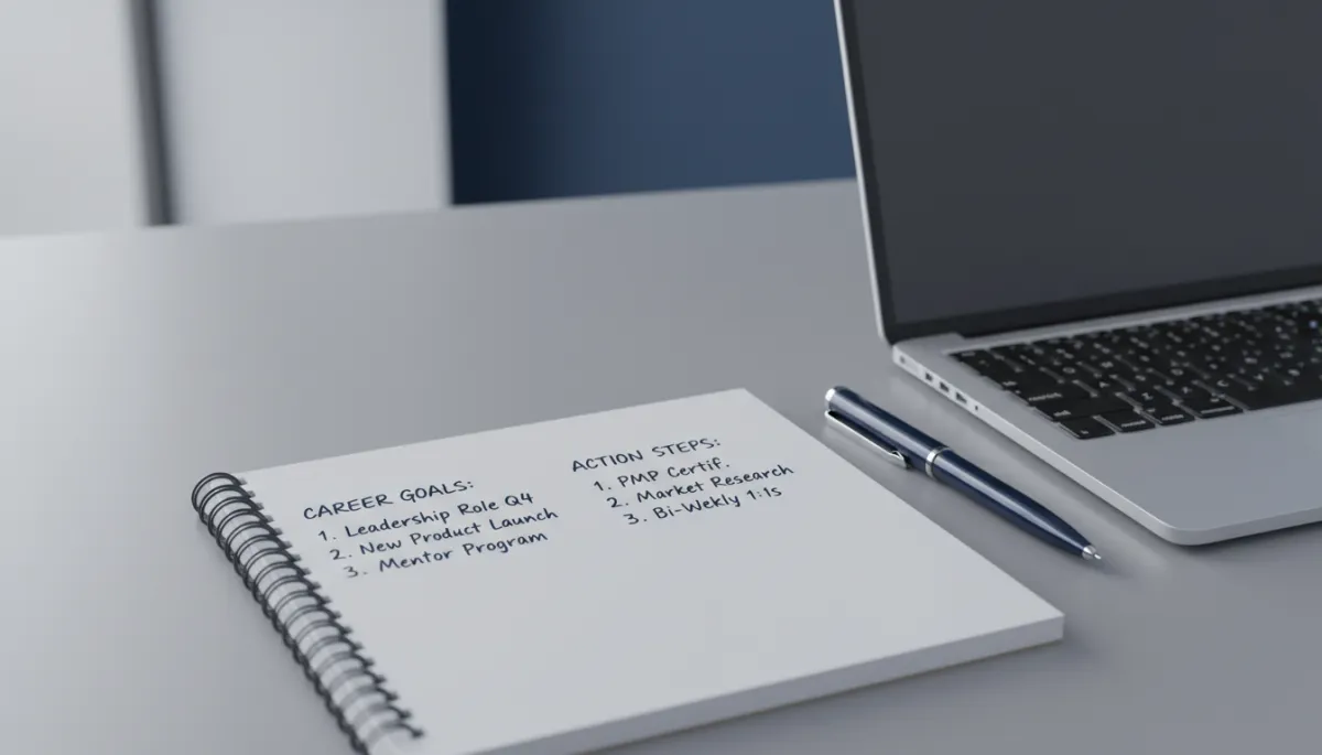 Notebook with written career goals and action plan on a desk