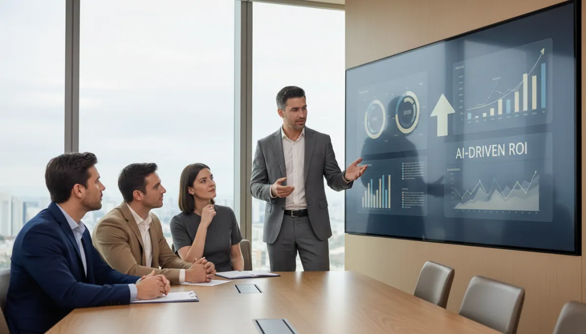 Consultant presenting AI-driven ROI metrics to business clients in a boardroom