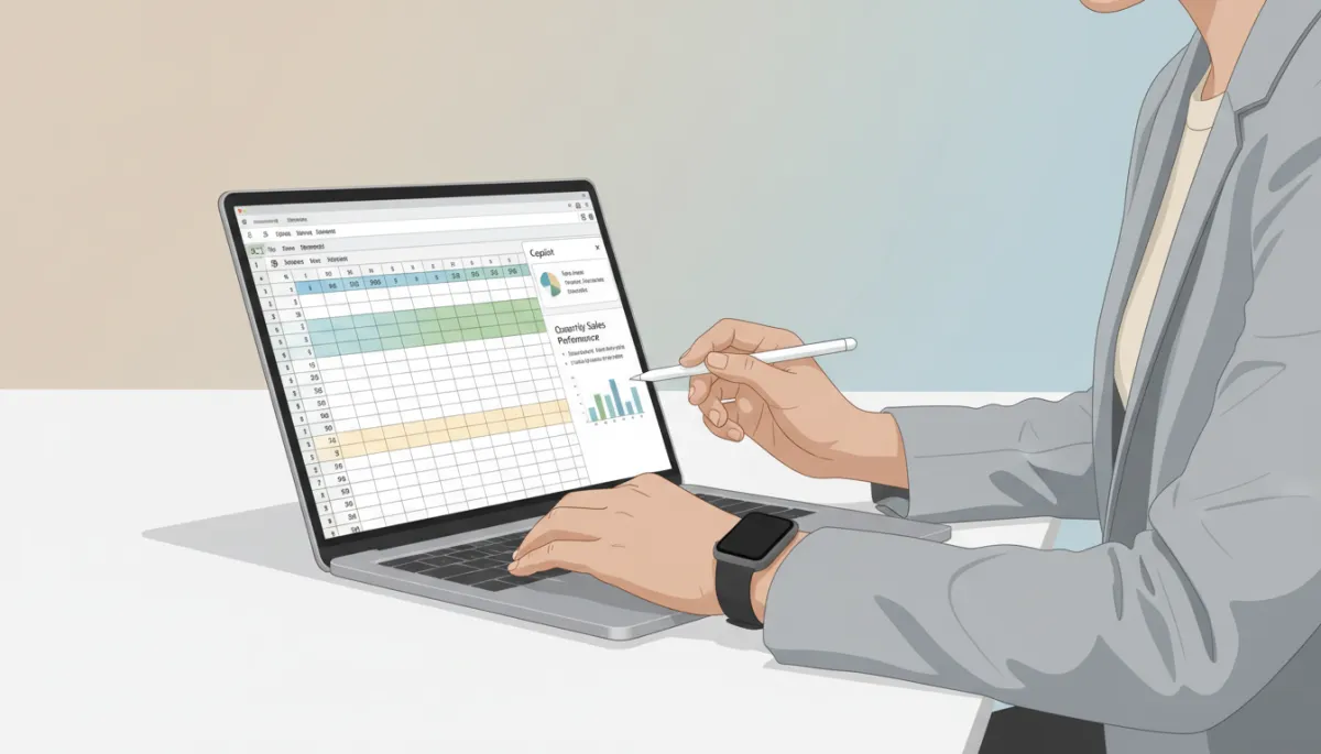 Manager reviewing Excel data with Copilot assistance in a professional office
