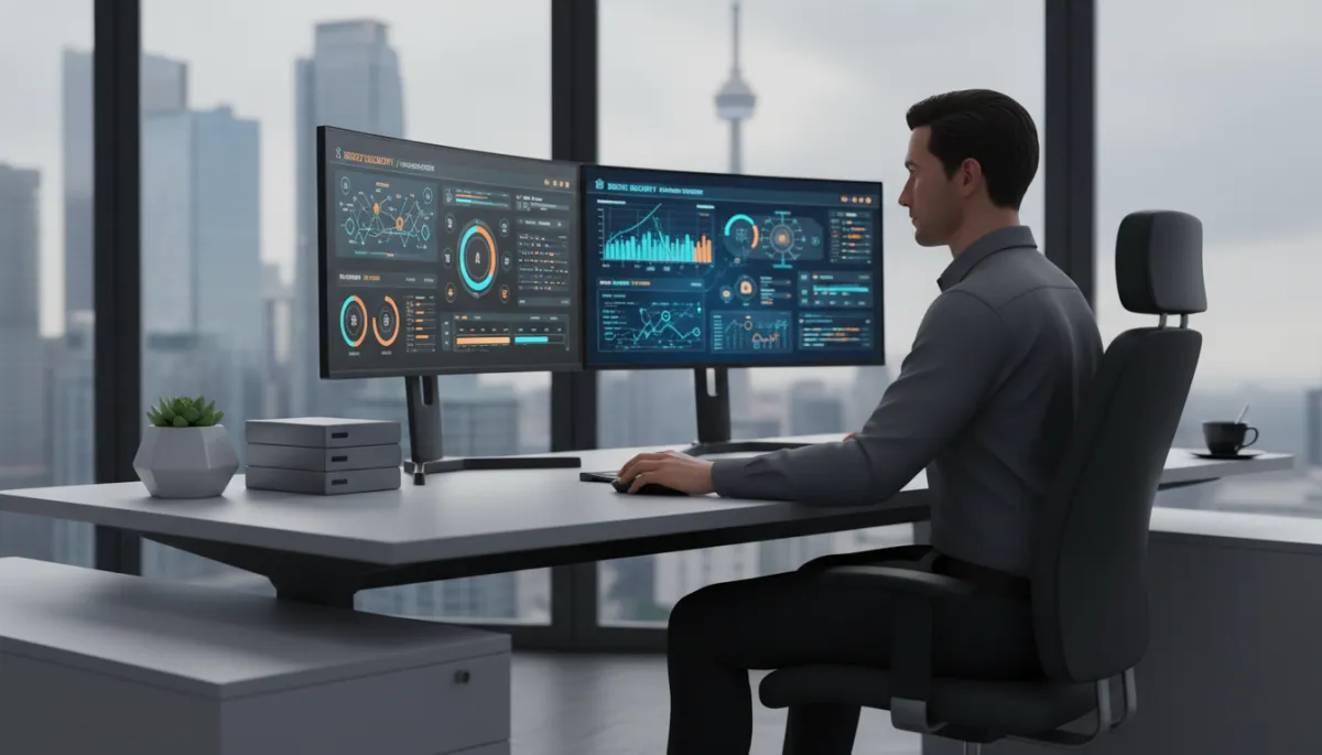 IT specialist monitoring backup and security dashboards in a Toronto office