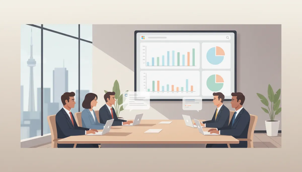 professional neutral-toned modern Toronto office boardroom with a diverse group of business leaders reviewing a Microsoft 365 dashboard on a large screen, subtle Copilot interface visible on laptops, calm and focused atmosphere