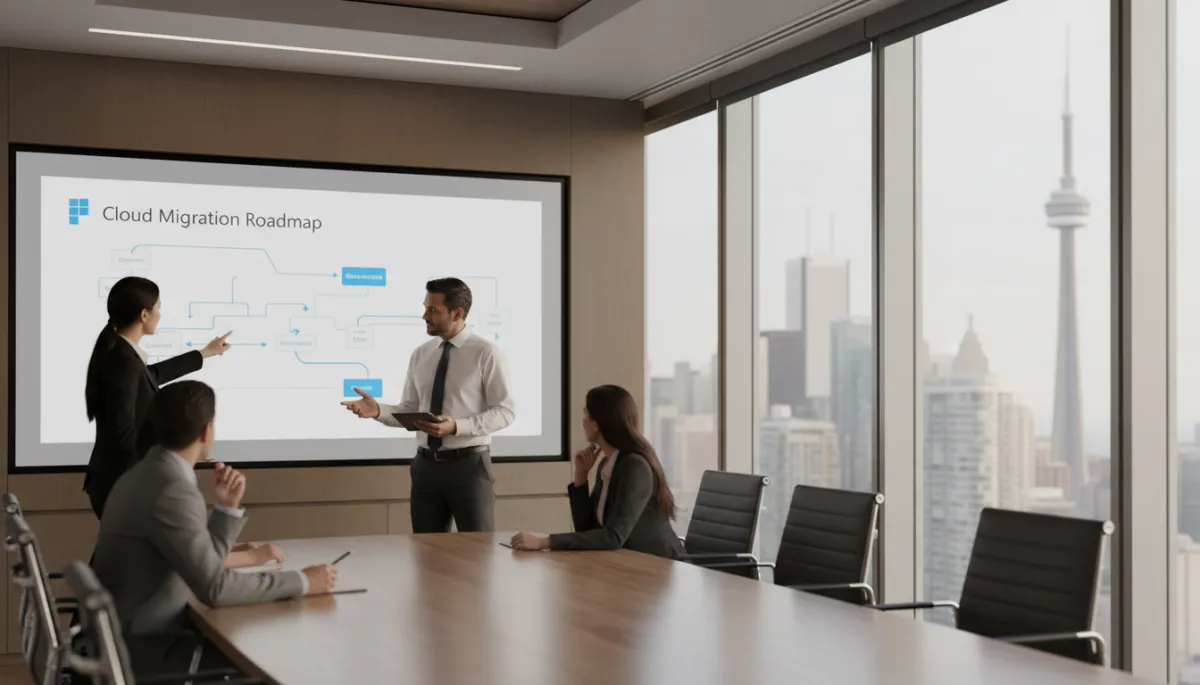 professional neutral-toned photo of a small business leadership team and IT manager in a modern Toronto boardroom reviewing a cloud migration roadmap on a large screen, with subtle Azure-style blue accents and city skyline visible through windows