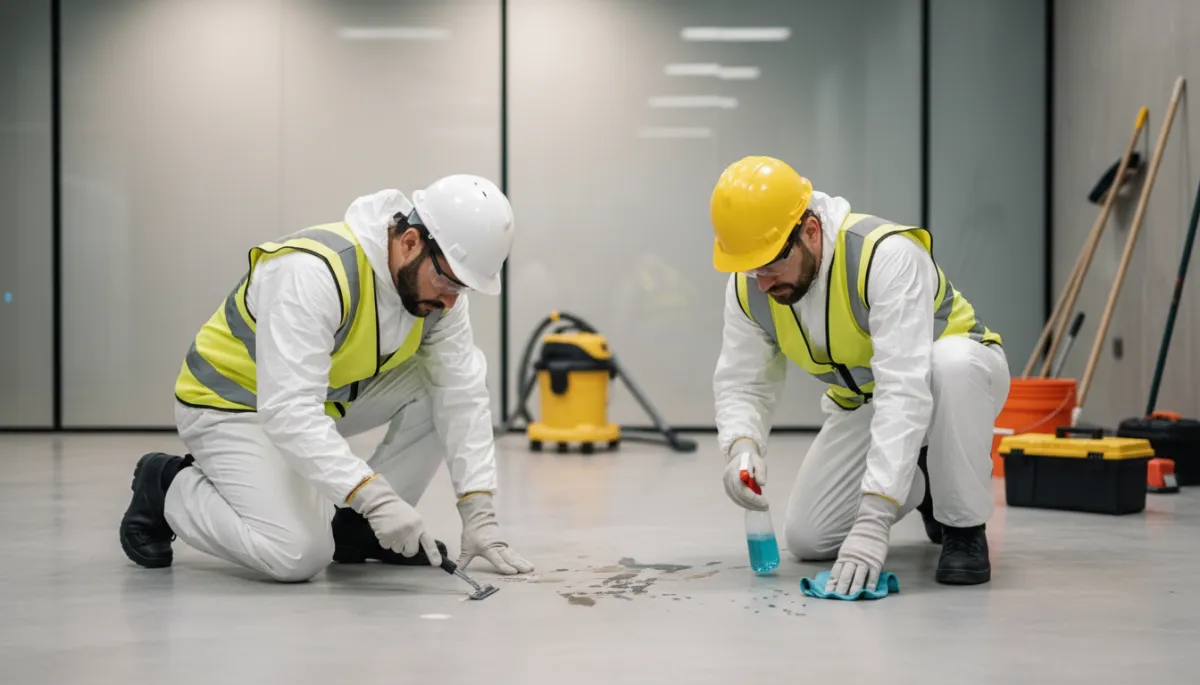 Équipe de nettoyage post-construction travaillant dans un hall commercial neuf sur la Rive-Sud