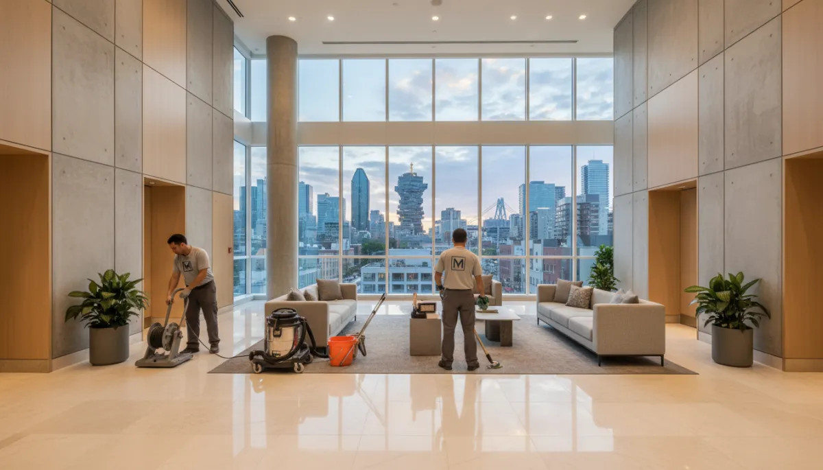 photorealistic wide view of a newly completed condo lobby in downtown Montreal, neutral tones, large windows showing city skyline, two professional cleaners in uniforms finishing post-construction cleaning with equipment neatly arranged