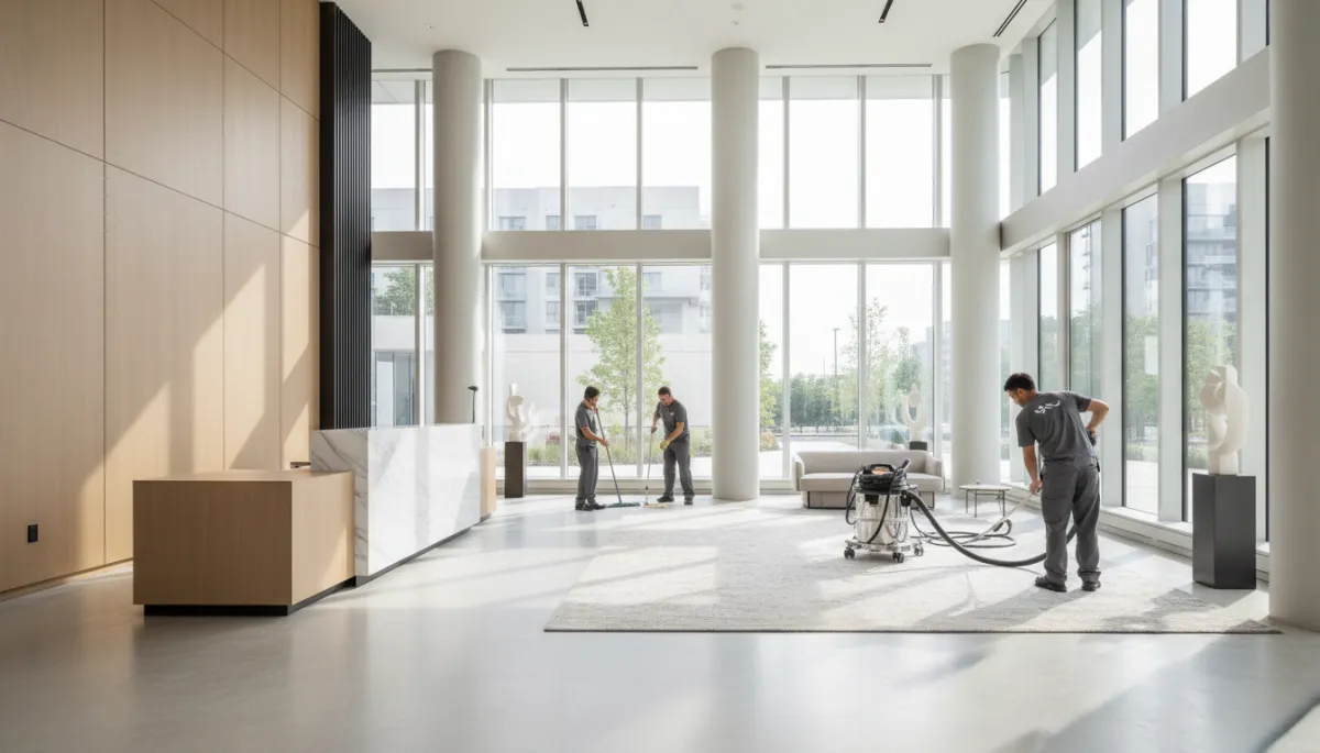 photorealistic wide shot of a modern newly built condo lobby in neutral colors, professional cleaning team in uniforms finishing post-construction cleaning with equipment, daylight through large windows