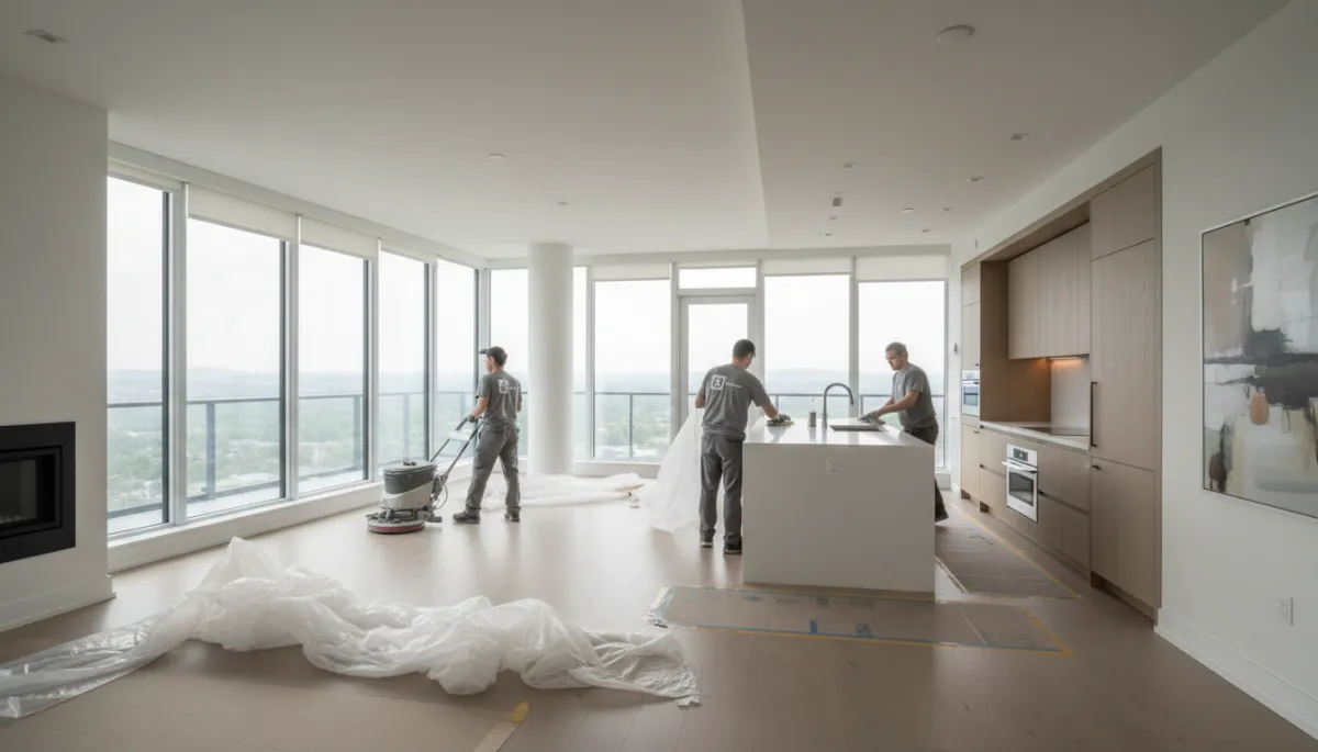photorealistic neutral color palette wide view of a newly completed condo complex interior on the South Shore of Montreal, construction dust and protective coverings being removed by a professional cleaning crew in uniforms, large windows with soft daylight, modern finishes clearly visible