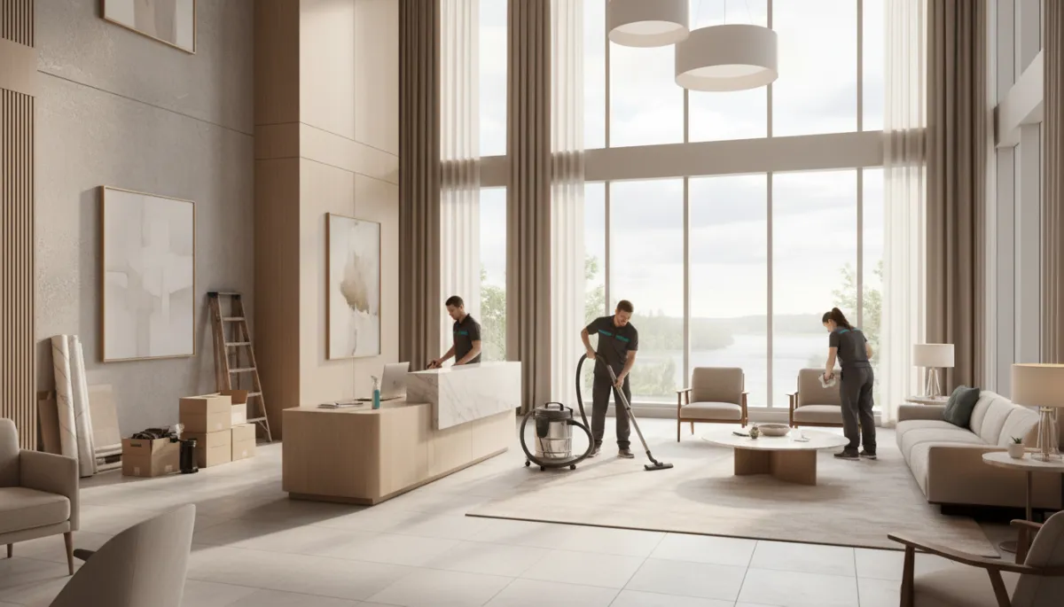 photorealistic wide shot of a newly completed condo lobby on Montreal North Shore, neutral colors, large windows with soft daylight, professional cleaners in uniform using industrial vacuum and microfiber cloths, subtle construction materials stacked in background