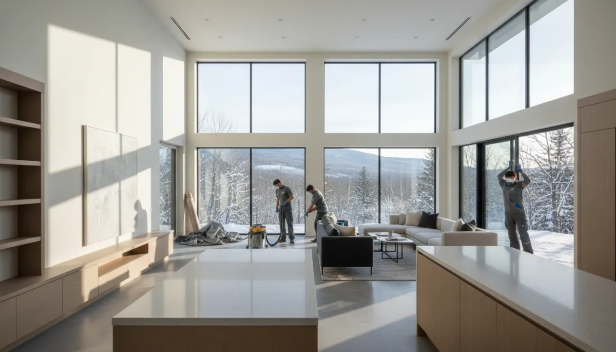 photorealistic wide shot of a newly built modern home interior in the Laurentides, neutral colors, large windows, professional cleaning crew in uniforms removing construction dust and debris, bright natural light, clean minimalist style