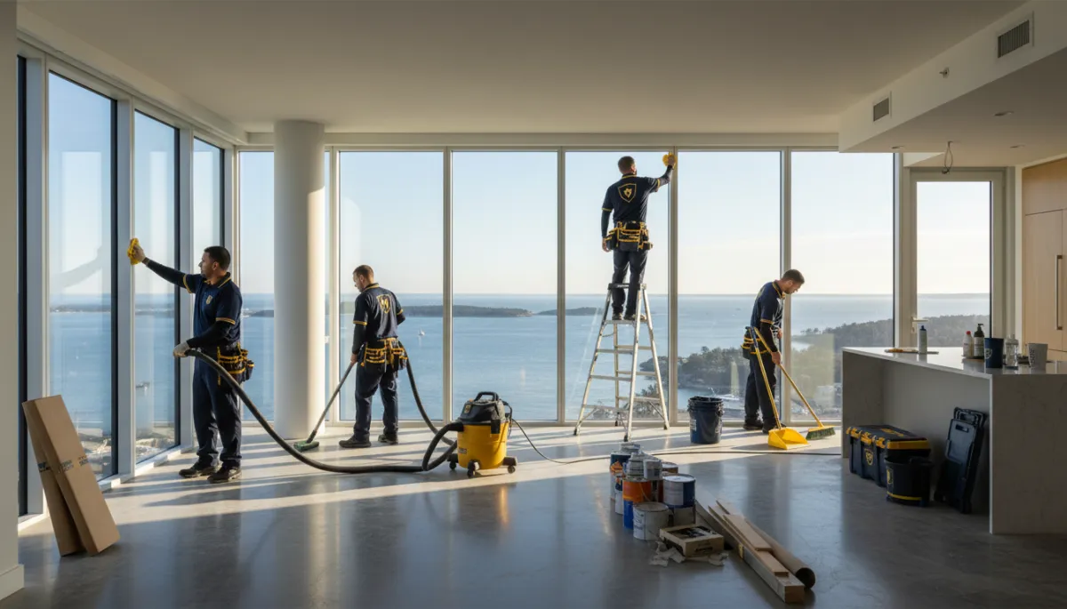 photorealistic professional cleaning crew in navy blue and gold uniforms performing detailed post-construction cleaning in a modern condo building on the South Shore, with large windows, construction materials tidied, and equipment like industrial vacuums and ladders neatly arranged