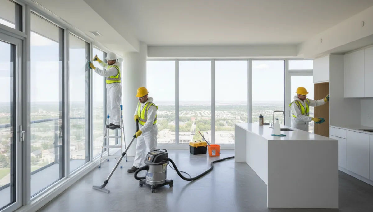 photorealistic neutral-toned scene of a professional post-construction cleaning crew working in a newly built condo in Lanaudière, workers in safety gear vacuuming dust, washing windows and wiping surfaces, daylight entering through large windows, subtle city-suburb background