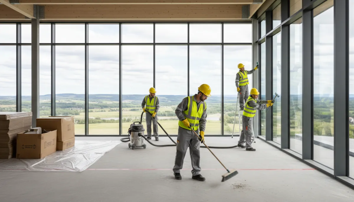 photo professionnelle en couleurs neutres d’une équipe de nettoyage post-construction équipée de balais, aspirateurs industriels et équipements de sécurité, travaillant dans un grand espace neuf vitré en Montérégie, ambiance professionnelle et soignée