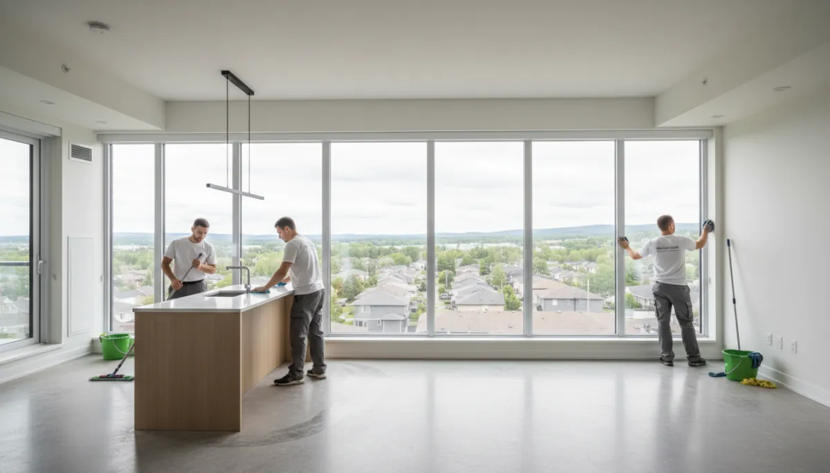 photorealistic vue intérieure d’un condo neuf en Estrie, grande fenestration donnant sur un quartier résidentiel de Sherbrooke, équipe de nettoyage professionnelle en uniforme neutre terminant le nettoyage du plancher et des surfaces, lumière naturelle douce, palette de couleurs neutres