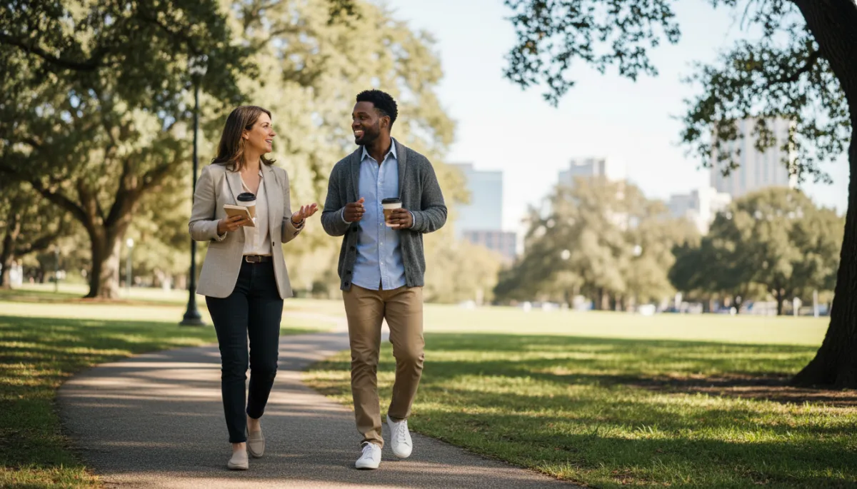 Client and health coach walking together while discussing lifestyle changes