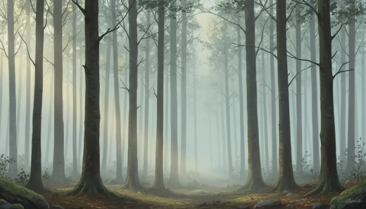 A serene photo of misty trees in the morning, with soft fog among the trunks and a calming, natural color palette. No text overlay, just the natural landscape. No people, no illustrations, just trees and mist.