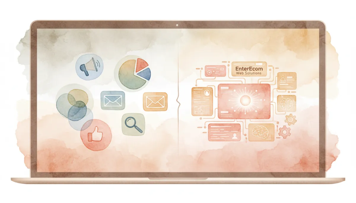 Comparison of multiple disconnected marketing tools versus a unified AI-powered platform on a laptop screen