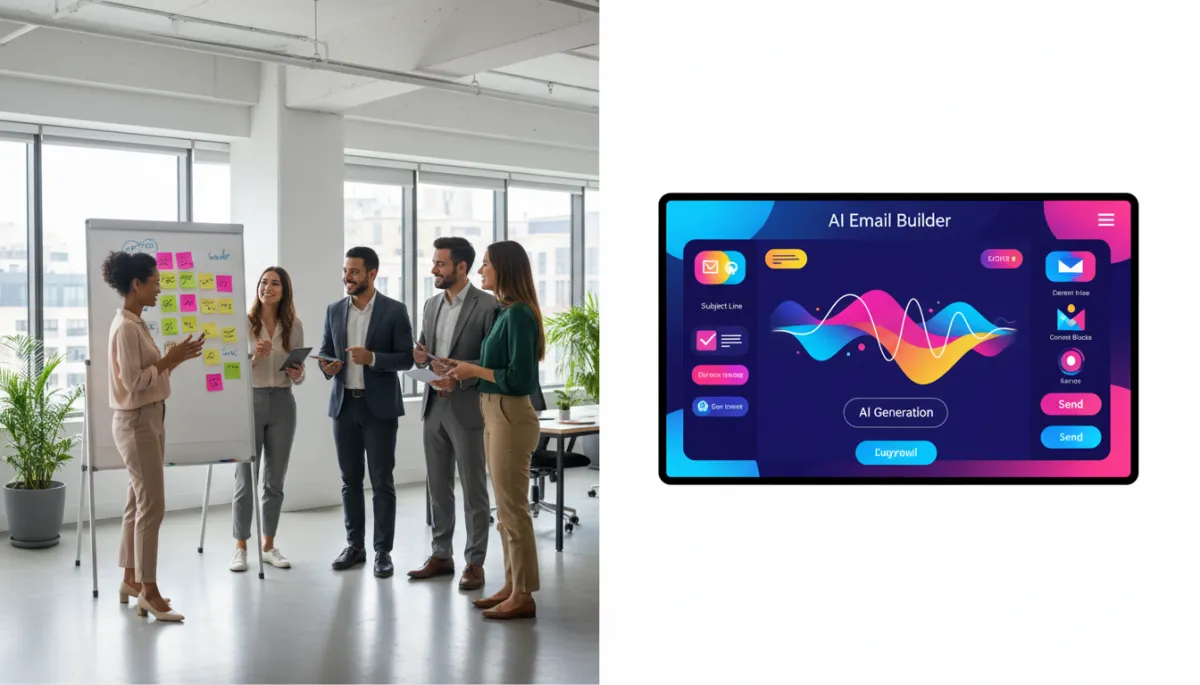 Photorealistic team collaborating on email ideas while viewing an AI-powered email builder on a large screen Photorealistic team collaborating on email ideas while viewing an AI-powered email builder on a large screen