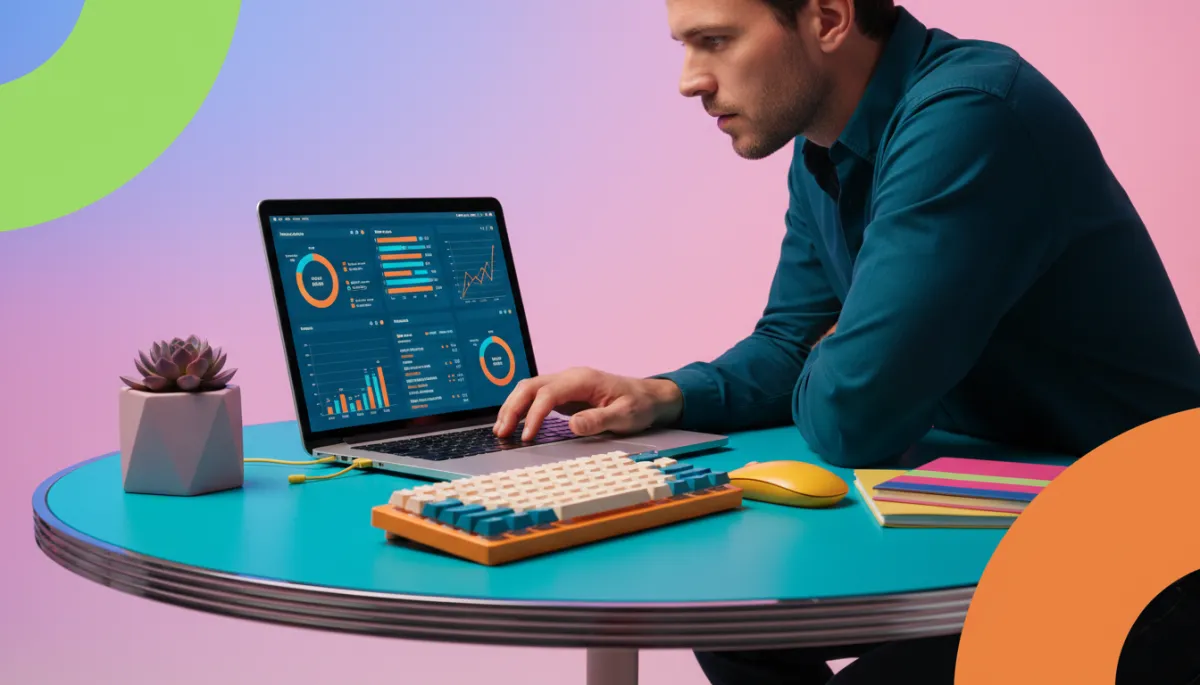 Photorealistic scene of a marketer reviewing email campaign analytics on a laptop in a colorful workspace Photorealistic scene of a marketer reviewing email campaign analytics on a laptop in a colorful workspace