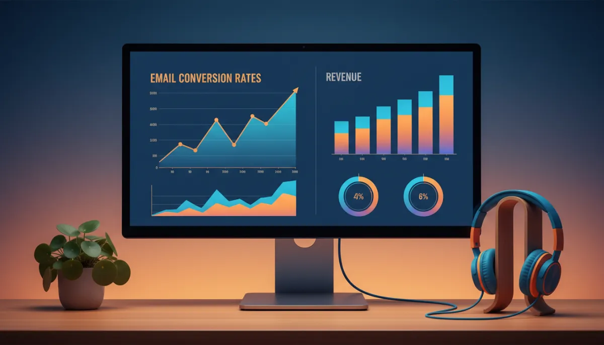 Photorealistic desktop monitor displaying rising email conversion and revenue charts in a colorful retro style Photorealistic desktop monitor displaying rising email conversion and revenue charts in a colorful retro style
