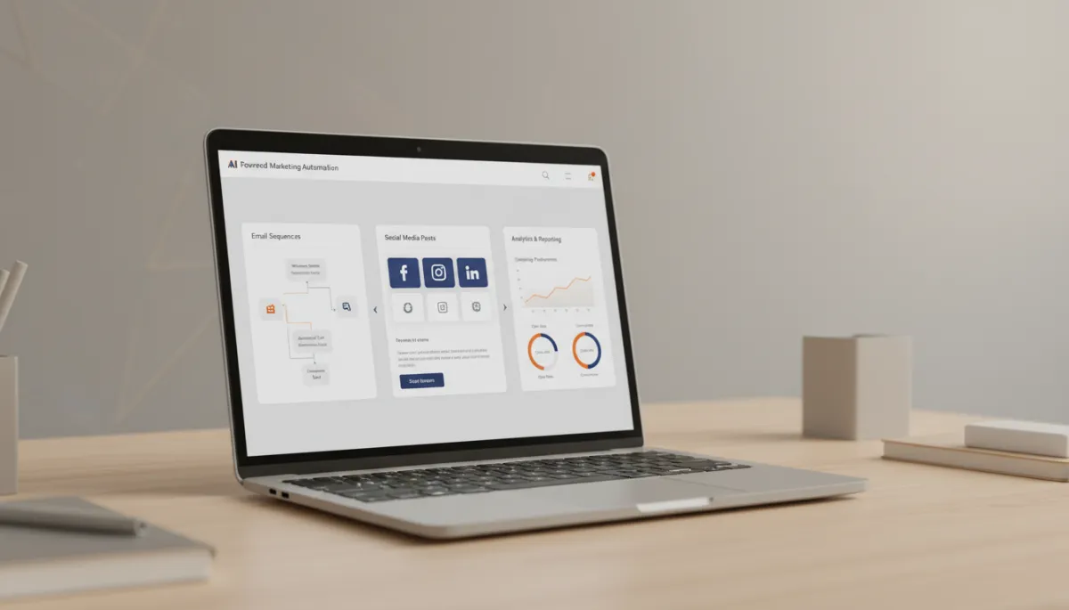 Laptop showing AI-driven marketing automation workflows and analytics Laptop showing AI-driven marketing automation workflows and analytics