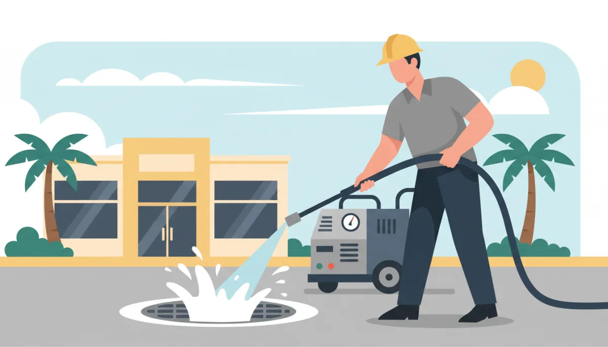 Plumber using high-pressure water jetting equipment to clear a blocked commercial drain Plumber using high-pressure water jetting equipment to clear a blocked commercial drain