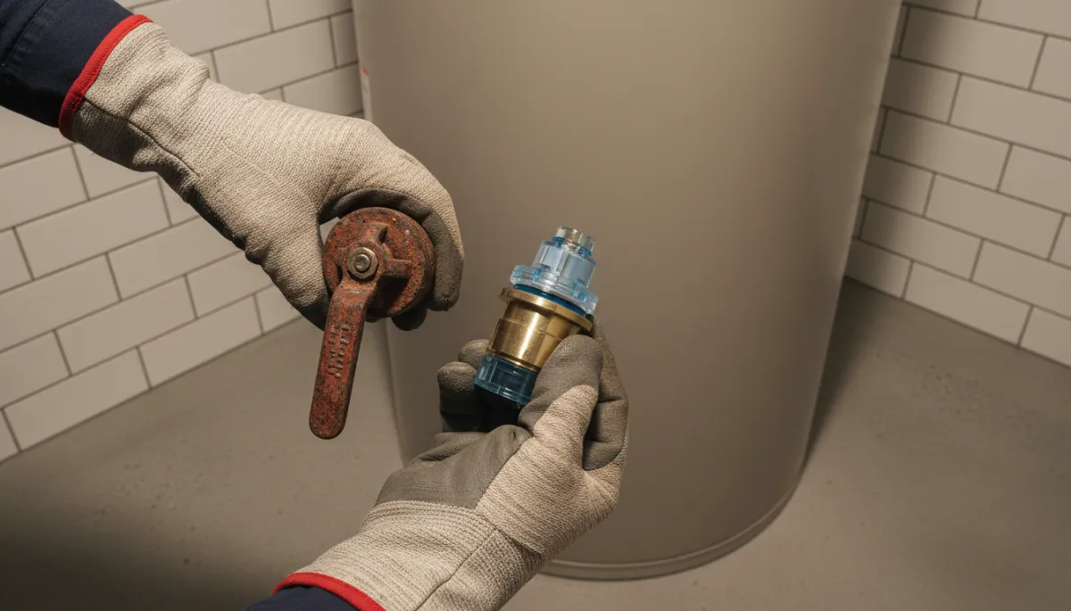 Plumber comparing a rusty hot water component with a new replacement part Plumber comparing a rusty hot water component with a new replacement part