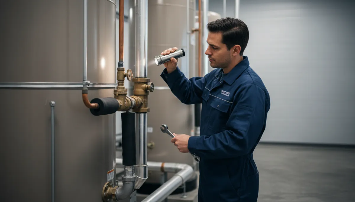 Technician inspecting valves and components on a hot water system
