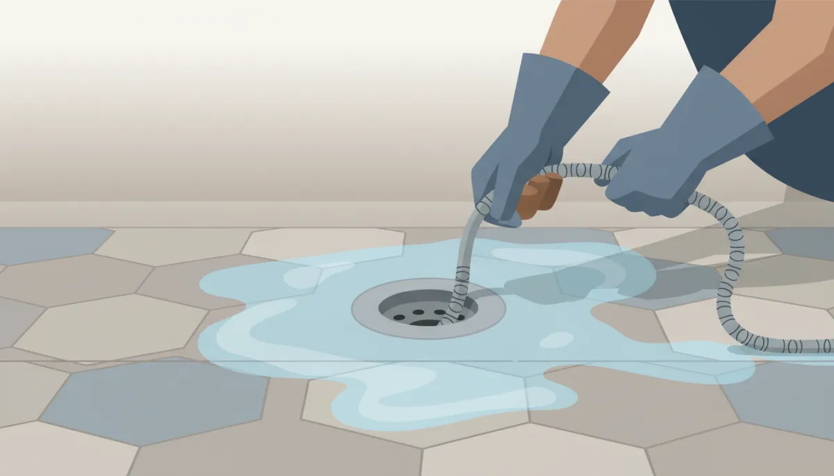 Plumber clearing a partially flooded bathroom floor drain Plumber clearing a partially flooded bathroom floor drain