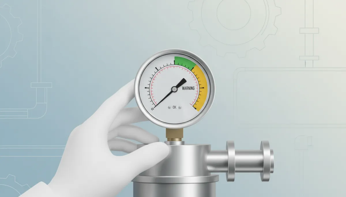 Technician checking a pressure gauge on a filtration system Technician checking a pressure gauge on a filtration system