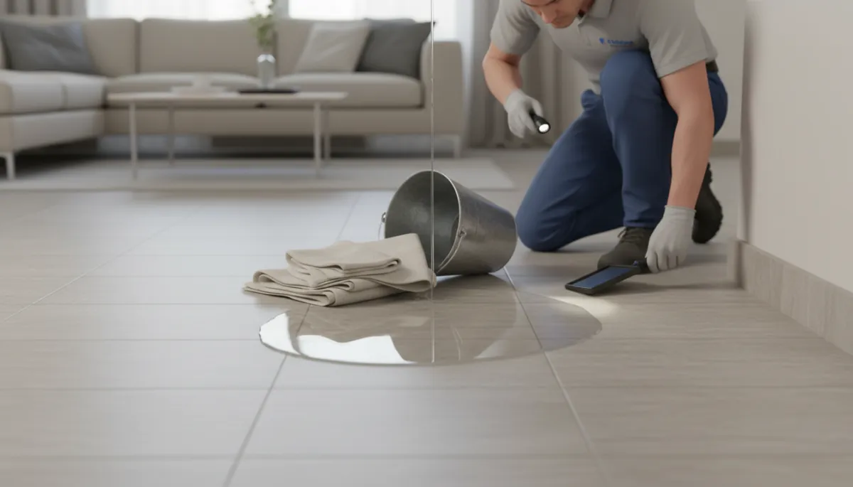 Professional plumber helping a Robina homeowner manage indoor water leak Professional plumber helping a Robina homeowner manage indoor water leak