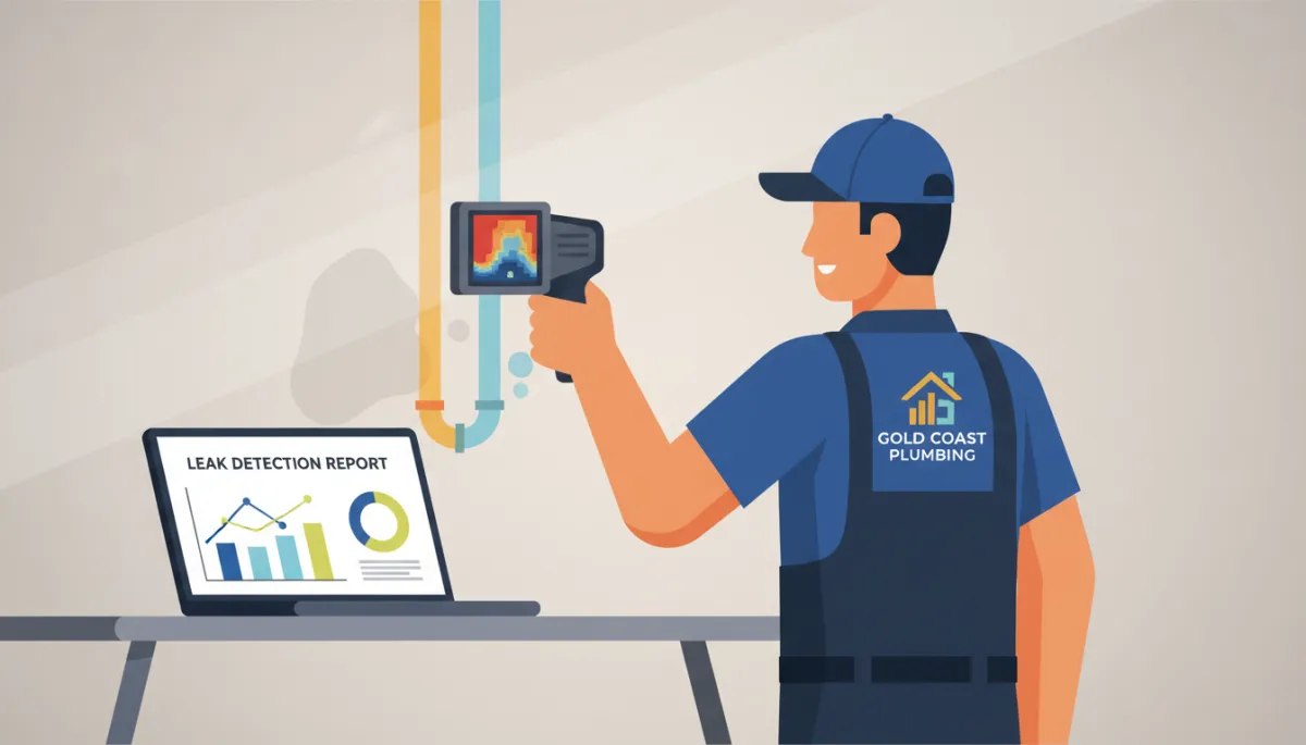 Technician using thermal imaging camera for leak detection in a Gold Coast office Technician using thermal imaging camera for leak detection in a Gold Coast office