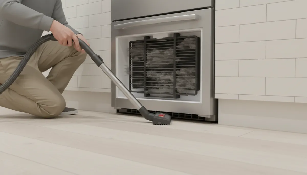 Homeowner cleaning dusty refrigerator coils to improve cooling efficiency Homeowner cleaning dusty refrigerator coils to improve cooling efficiency