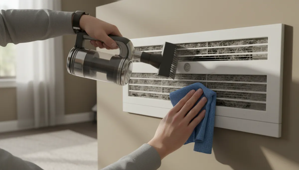 Homeowner cleaning dust from an air conditioner vent with a vacuum and cloth