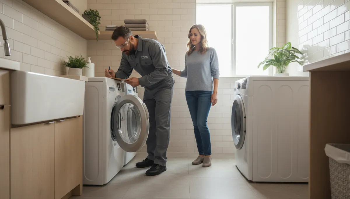 Technician inspecting a washer and dryer while homeowner considers repair versus replacement options
