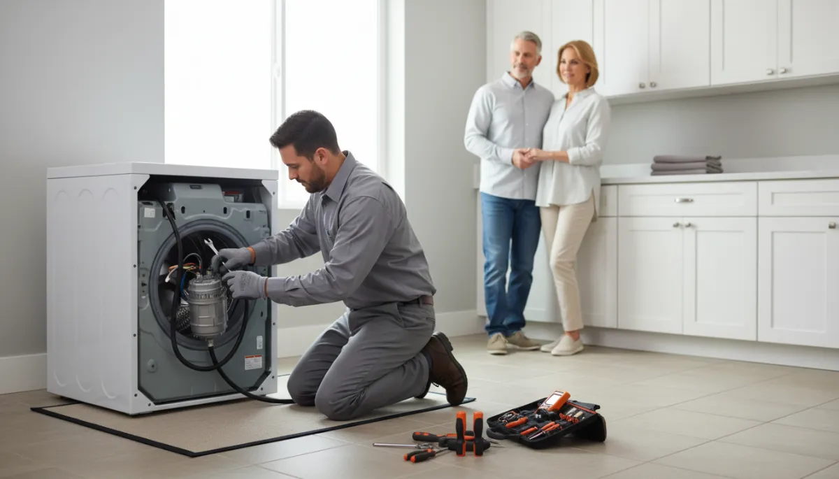 Technician repairing a washing machine in a Fresno home