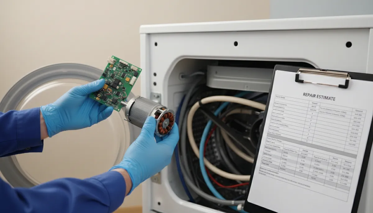 Technician holding imported appliance parts next to an open washing machine Technician holding imported appliance parts next to an open washing machine